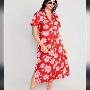 Old navy large 100% cotton shirt dress with cutouts floral red pink white